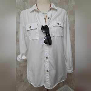 Charter Club White Lyocell Button Down Shirt Roll Tab Sleeve Utility Blouse Smal